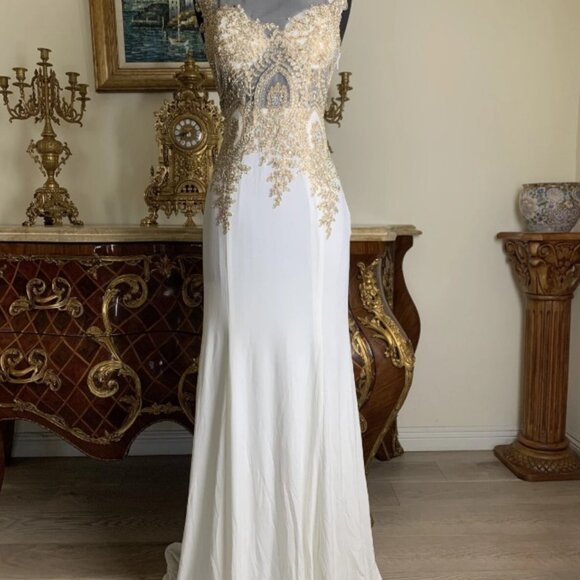 Stretchy Formal SHEER Embroidery Rhinestones beaded Long Evening Gown prom dress - Picture 1 of 4